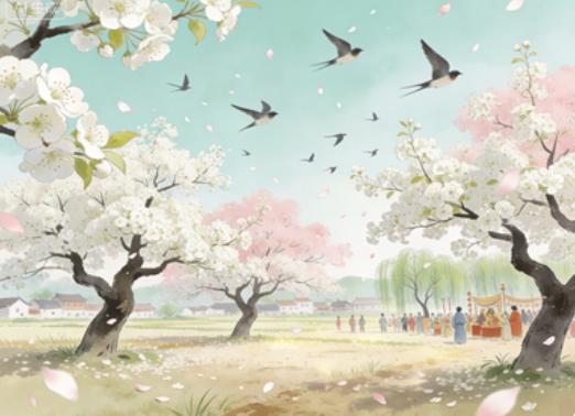 燕子来时新社，梨花落后清明