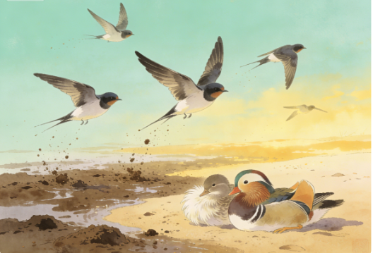 泥融飞燕子，沙暖睡鸳鸯。