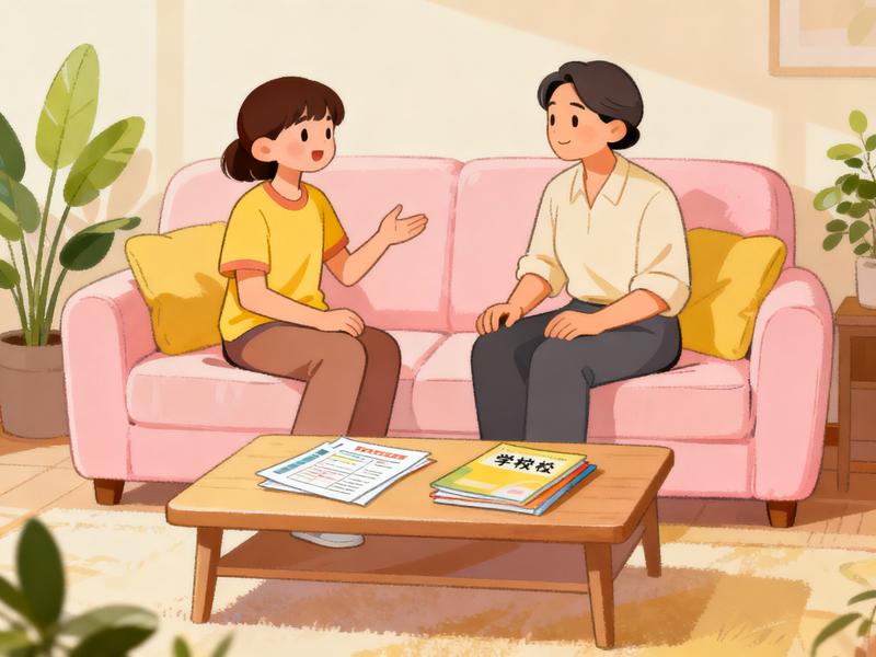 家长和孩子坐在一起轻松沟通交流,家庭温馨氛围