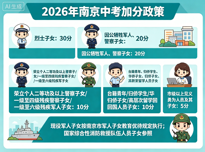 南京2026年中考加分政策:最高加30分
