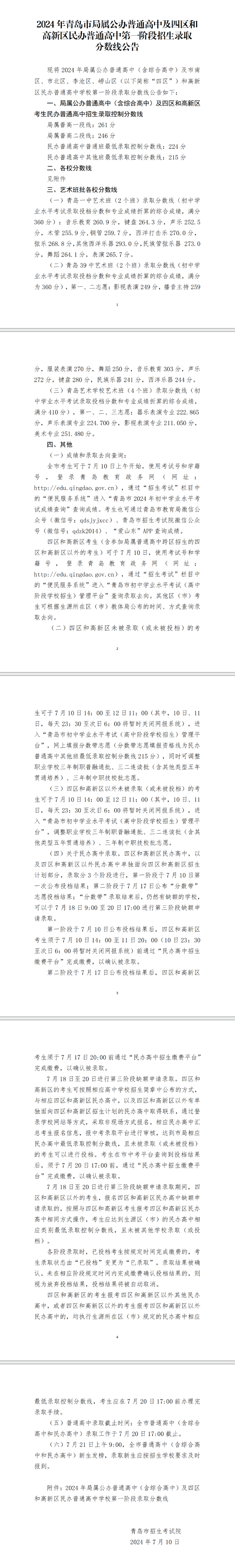 2024年青岛市局属公办普通高中及四区和 高新区民办普通高中第一阶段招生录取 分数线公告