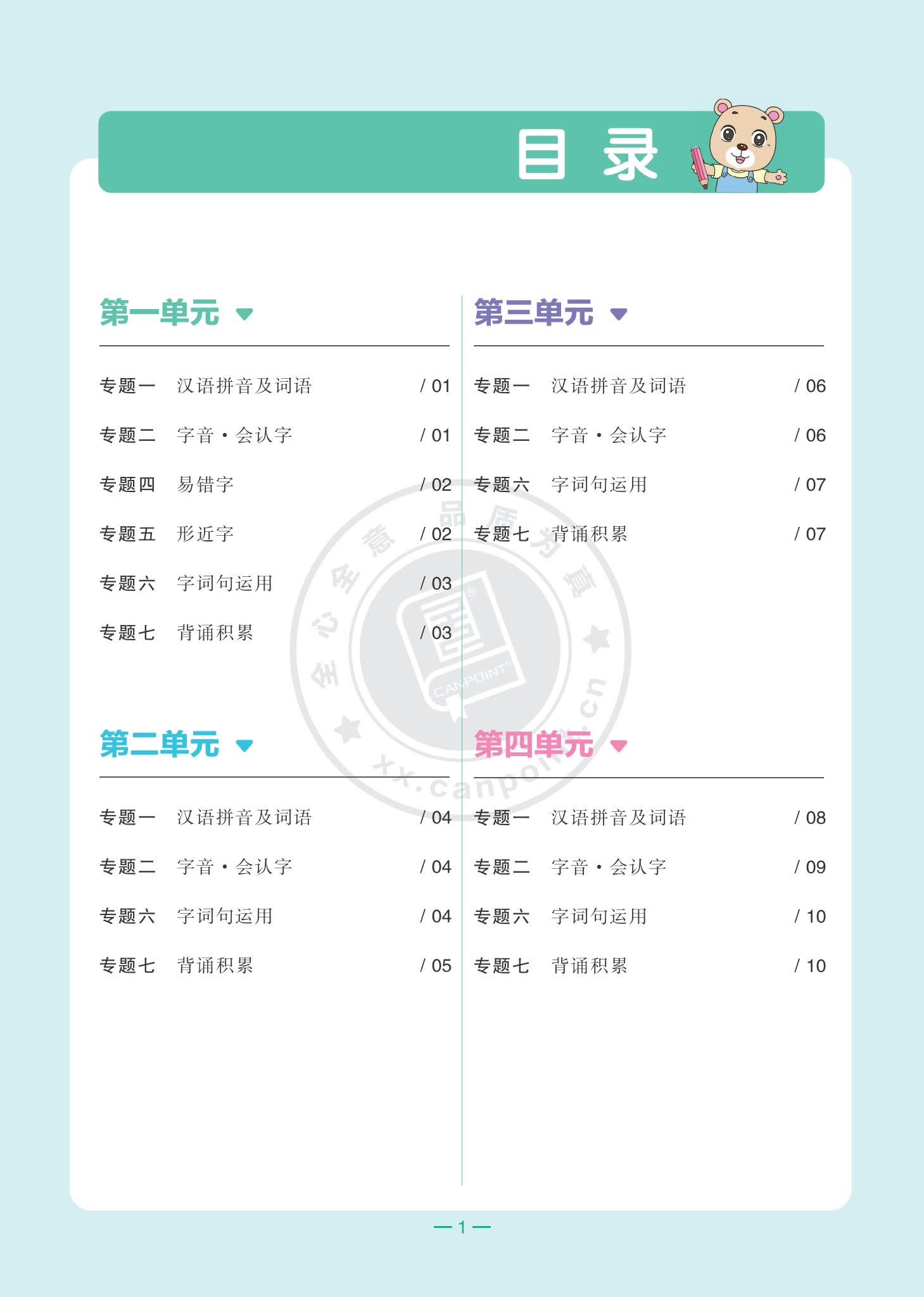 小学一年级语文全品知识梳理目录