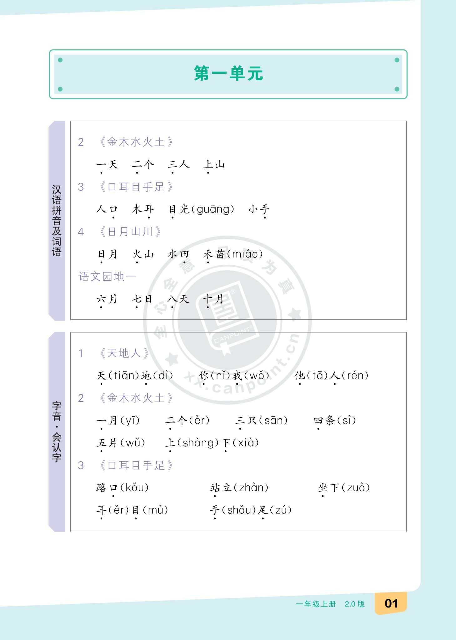 小学一年级语文全品知识梳理第一单元