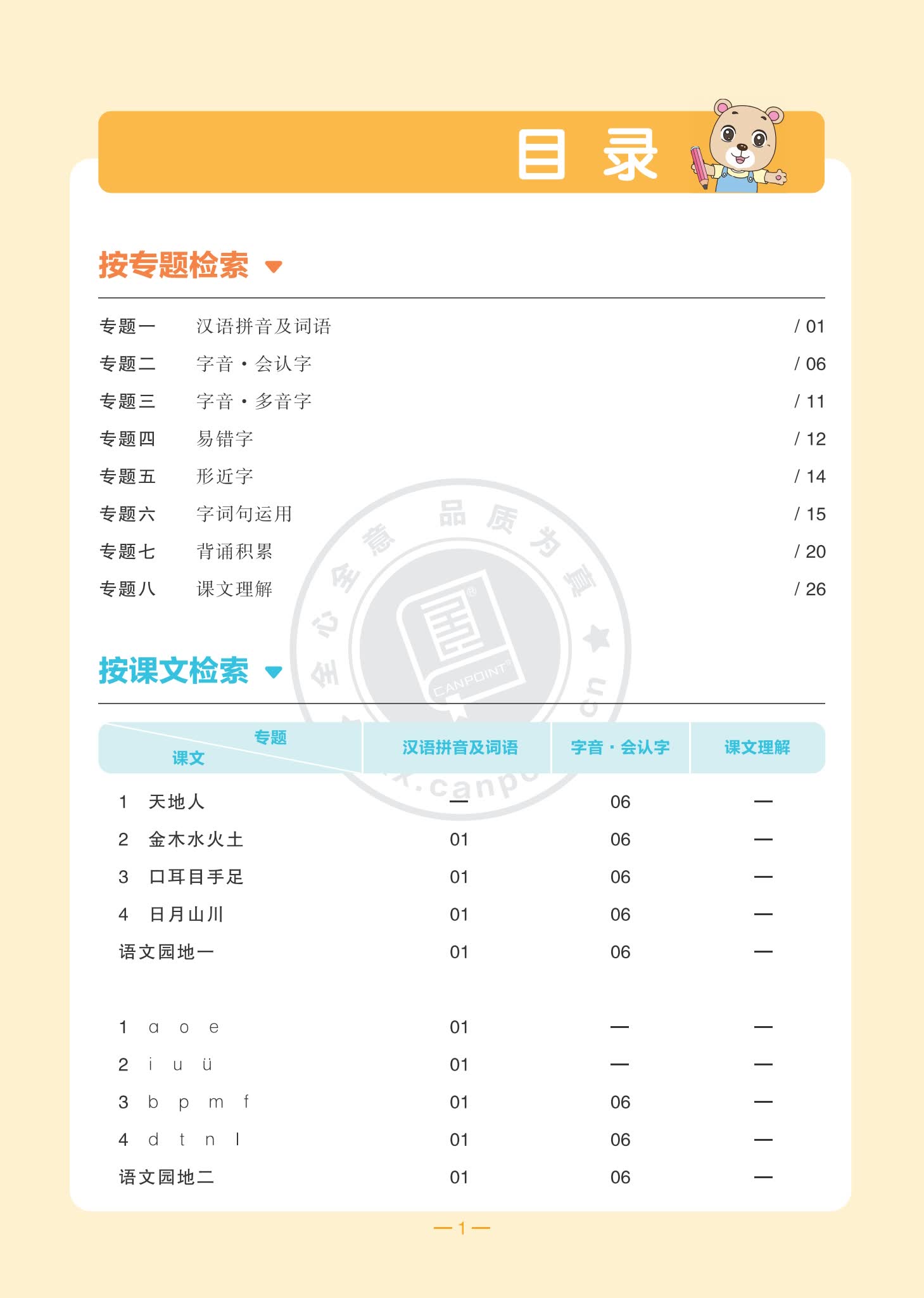 小学一年级语文全品知识梳理期末复习目录一