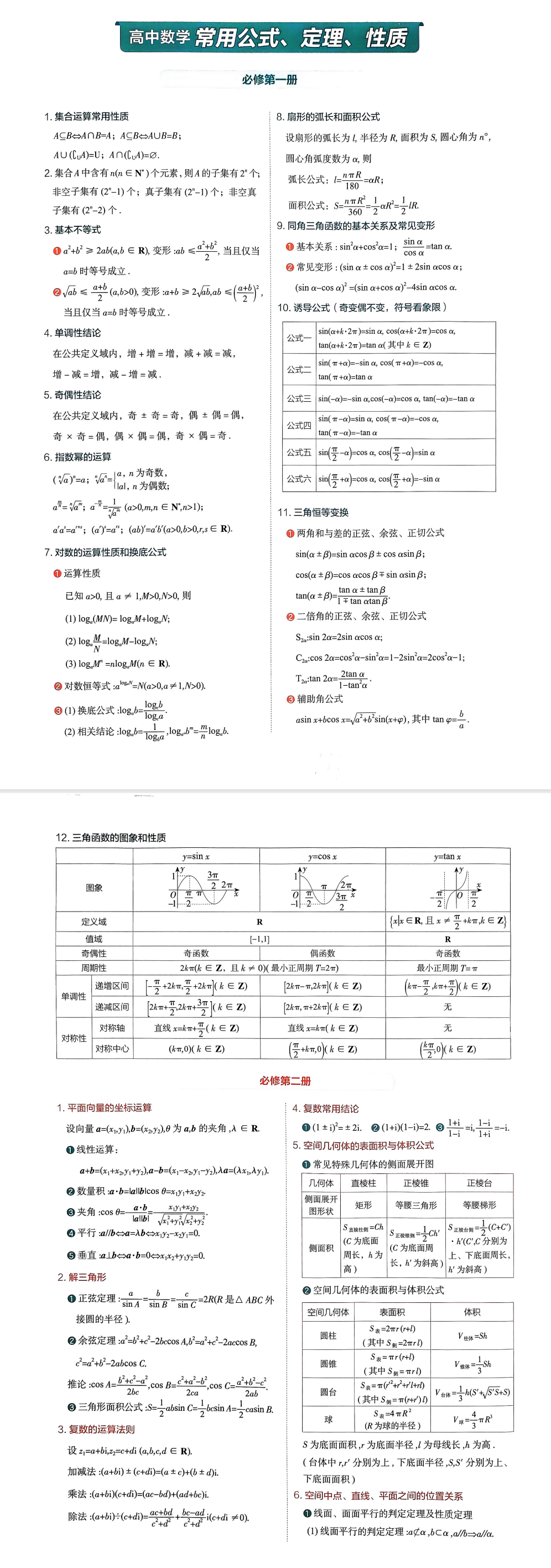 高中数学常用定理、性质内容