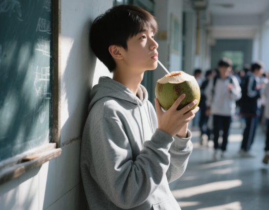 一个男学生在喝椰子水